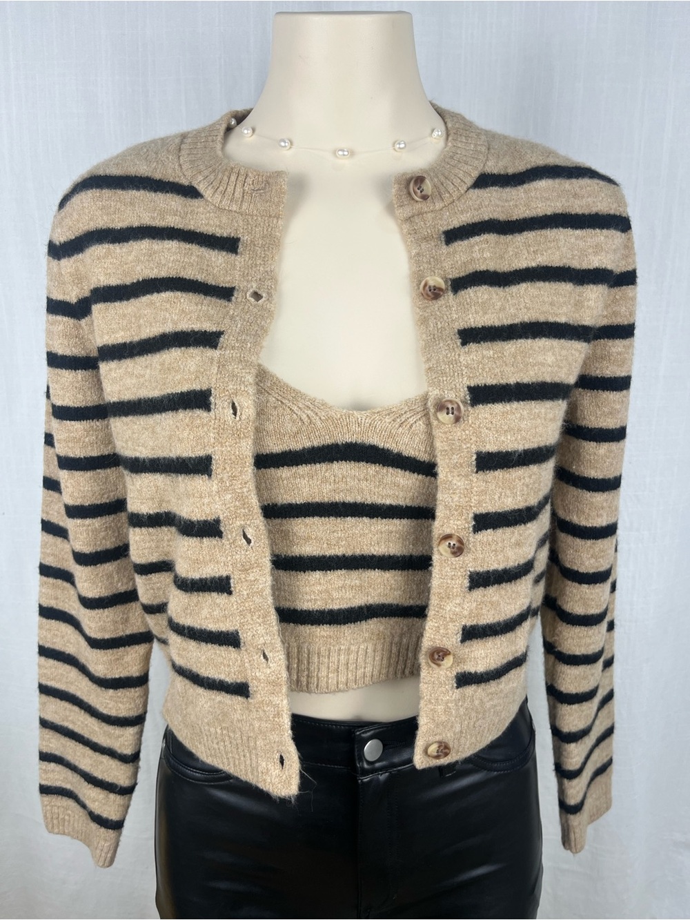 Zara Tan and Black Striped Cropped Cardigan & Knit Tank Set